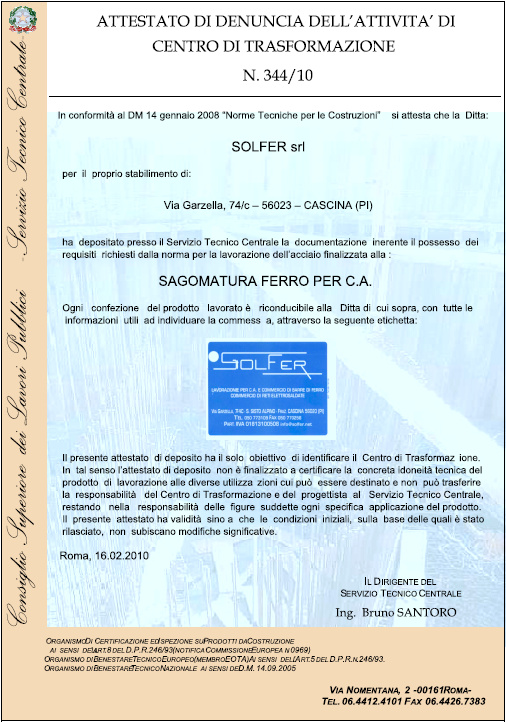 certificato centro trasformazione